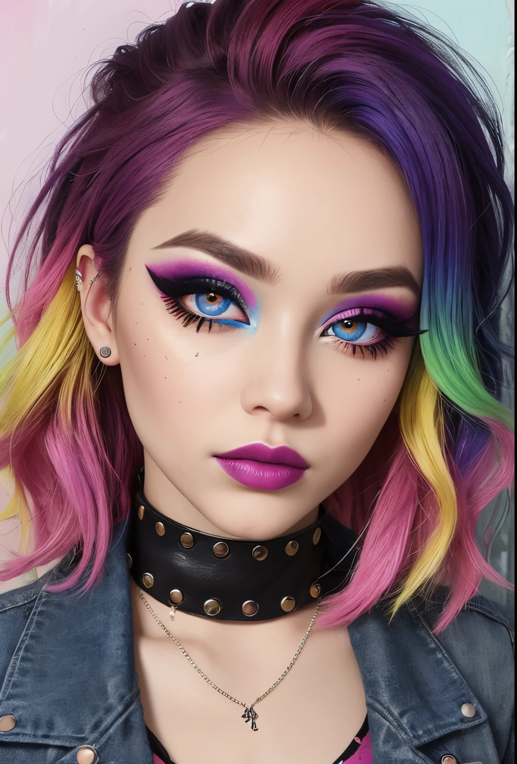 1girl, punk, punk aesthetic, colorful, bright colors, outdoors, colorful eyeliner, colorful eyeshadow, colorful eyebrows, colorful mascara, colorful lips