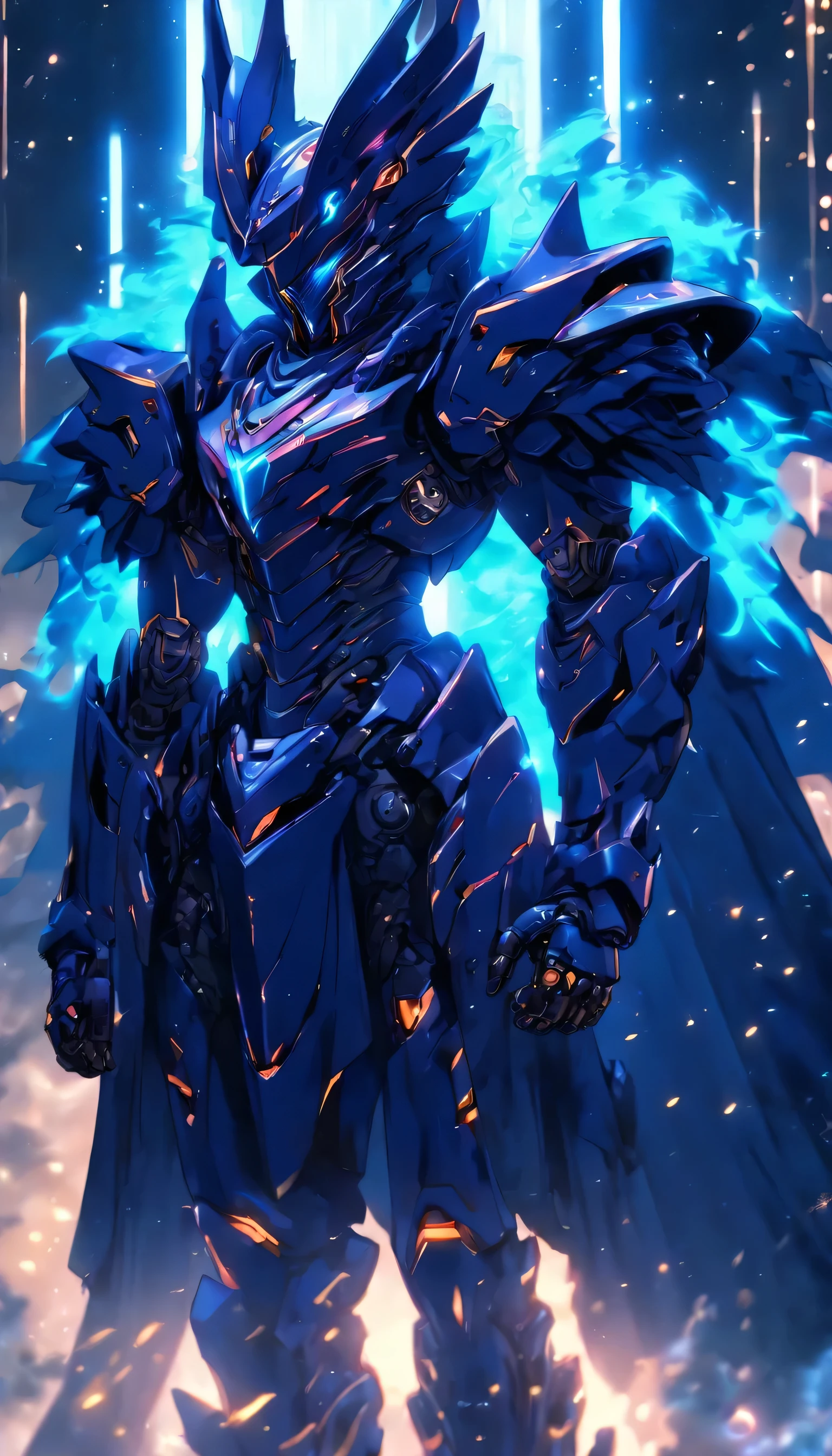 (full body shot)realistic,shiny,reflective,bioluminic, galactic cybernetic mask,mecha,(assassin:1.2),((((cloak)))),sh4g0d,GlowingRunes_deep Blue,fullbody,cinemnatic,dark background,backlight,high contrast,an evil smirk, arm covered with tattoo, mecha armoured pants, 8 k octane render, game render, intricate artwork. octane render, trending on artstation hd, dan mumford. throwing energy in a fight (Dragon Guard ARM, GLOVES), (glod,deep dark blue), (MECHA CYBER SHINY ARMORED SUIT, A PAIR MECHANICAL ARMOR:1.4), motion blur, ground destroyed. landscape view