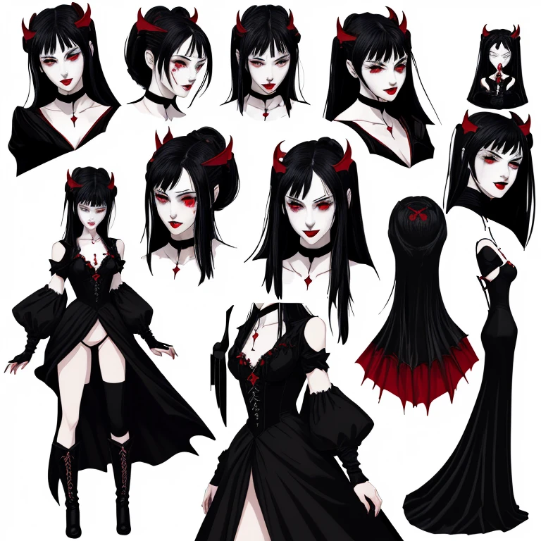 Vampire queen character, multiple poses and expressions, manga book illustration style, yet black dress with red ribbons of blood, white silk stain in blood peal neckless, black boots, simple, divona dark beauty,, gotic, full color, flat color, — — no outline