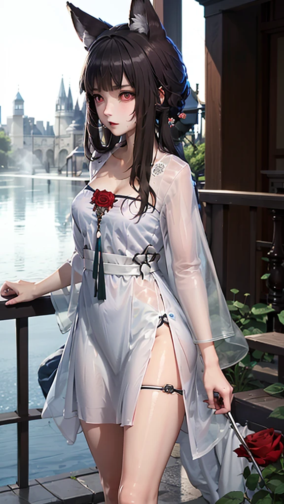 White hair、red eyes、Beautiful girl alone、Fluffy dresses、off shoulders、Western-style castle、Bright red roses、((fox ears)),steam,wet clothes ,china dress 