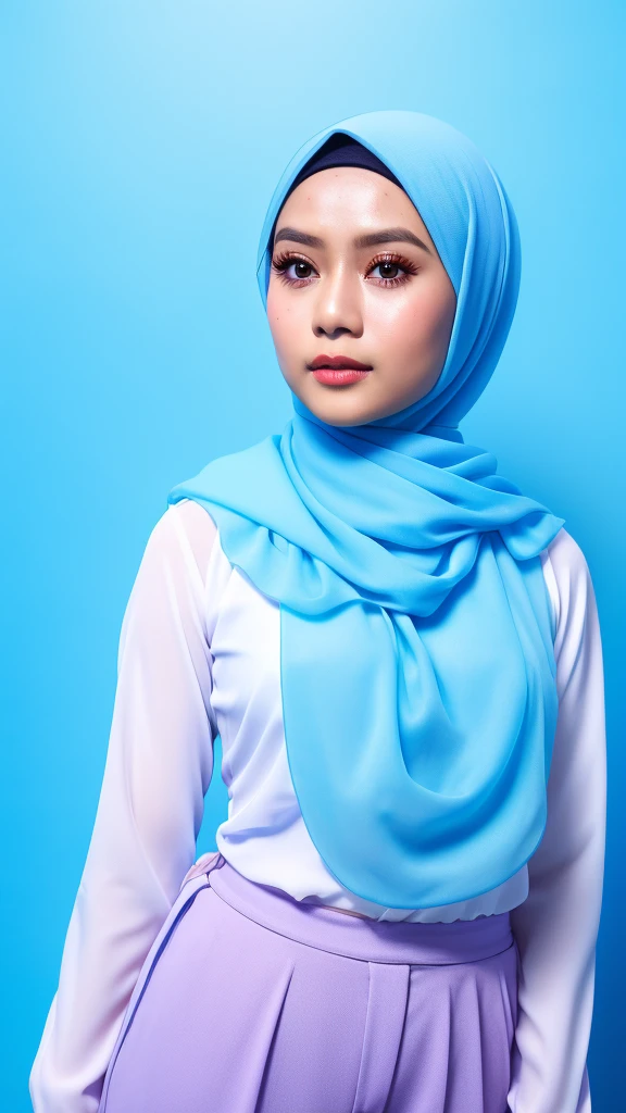 1 malay girl , modern pom-pom hijab,  shy, medium portrait shot , watery  eyes , blue glowing particles, wear pastel blue high waist pants and white shirts, blue bokeh light background, bright front light,