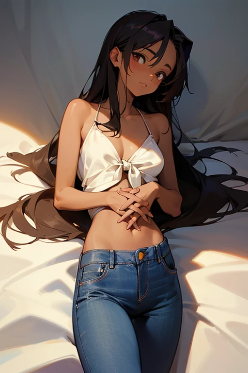 ((best quality)), ((masterpiece)), (detailed), perfect face, brown skin anime girl in a deep V Neck front-tie top, (bare shoulders), (jeans trousers), famished in hunger, (gently resting hands on stomach), (long hair), (hands on her stomach)