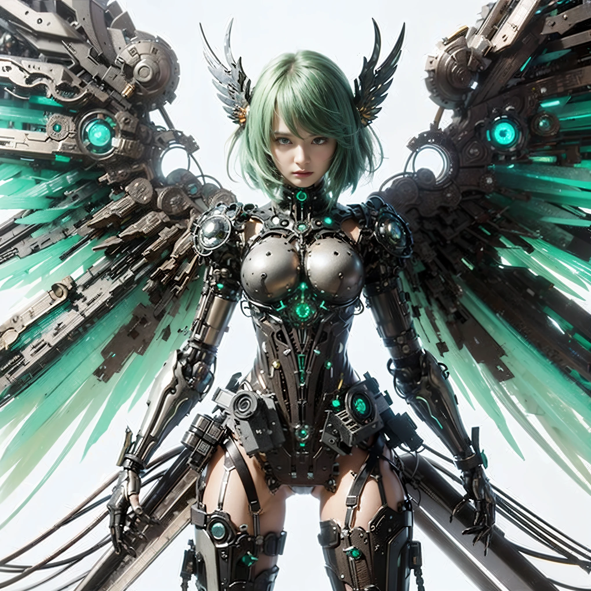 (top-quality:1.2, masterpiece)、ultra high resolution、extremely ultra surrealism, (Photorealsitic:1.4)、Raw photo、(Steampunk Battle Cyborg fallen angel)、large wings made of metal、black porcelain body、red hair、glowy skin、1 Cyborg girl、(mechanical frame:1.3)japanese, extremely cute face, ((super realistic details))、portrait、globalillumination、Shadow、octan render、8K、ultrasharp、character edge light、Details of complex ornaments、Acrylic Clear Cover、Sumerian details、Hydraulic cylinder、Small LED lamp、highly intricate detail、Realistic light、a purple eye、radiant eyes、Facing the camera、neon details、cowboy shot、Futuristic headgear、About Cyberpunk