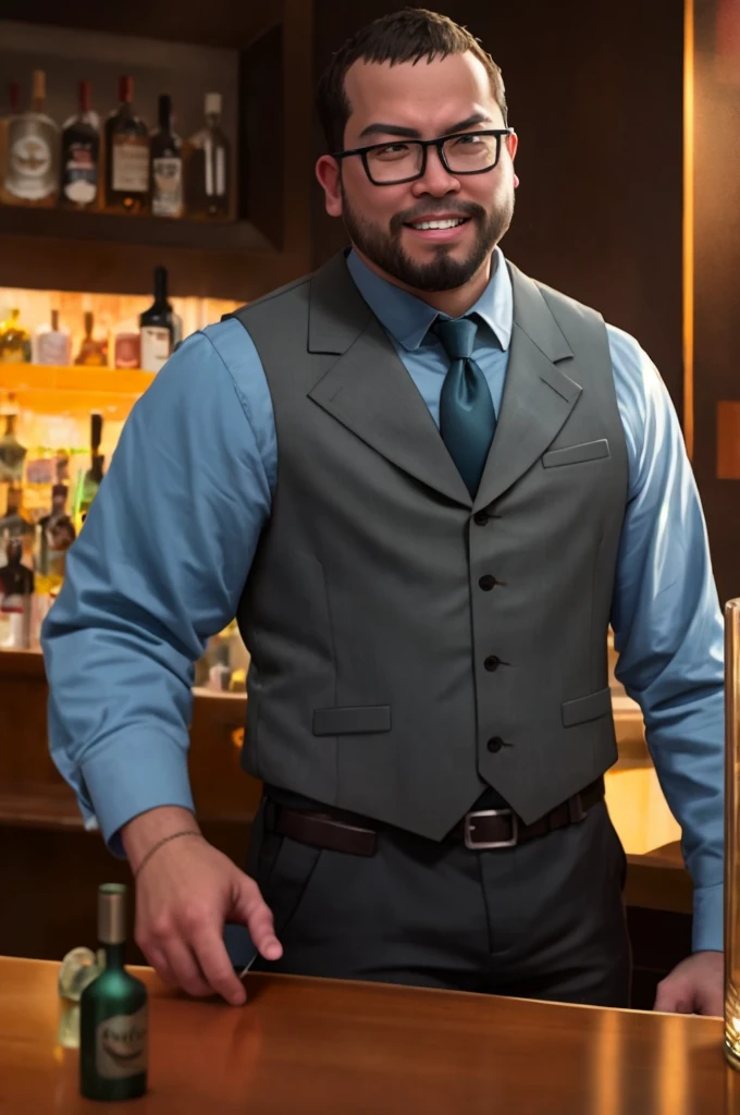 cowboy shot, george pei as a bartender, high class bar, standing, shaking a drink, (wearing gray vest, tie, long sleeve shirt), goatee, smile, clean cut hair, (still from a movie), dramatic, atmospheric, cinematic, (looking away), drinking glass and alcohol bottles,
(masterpiece), top quality, photorealistic, hyperrealism, absurdres, tack sharp, subsurface scattering, 8k, HDR, 35mm, professional photography, RAW,
fcDetailPortrait