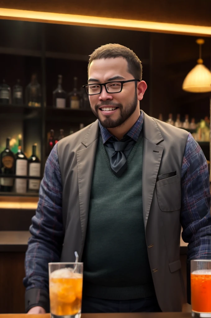 cowboy shot, george pei as a bartender, high class bar, standing, shaking a drink, (wearing gray vest, tie, long sleeve shirt), goatee, smile, clean cut hair, (still from a movie), dramatic, atmospheric, cinematic, (looking away), drinking glass and alcohol bottles,
(masterpiece), top quality, photorealistic, hyperrealism, absurdres, tack sharp, subsurface scattering, 8k, HDR, 35mm, professional photography, RAW,
fcDetailPortrait 