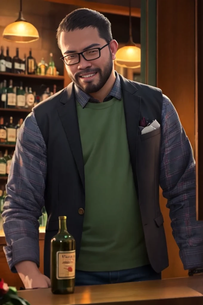 cowboy shot, george pei as a bartender, high class bar, standing, shaking a drink, (wearing gray vest, tie, long sleeve shirt), goatee, smile, clean cut hair, (still from a movie), dramatic, atmospheric, cinematic, (looking away), drinking glass and alcohol bottles,
(masterpiece), top quality, photorealistic, hyperrealism, absurdres, tack sharp, subsurface scattering, 8k, HDR, 35mm, professional photography, RAW,
fcDetailPortrait