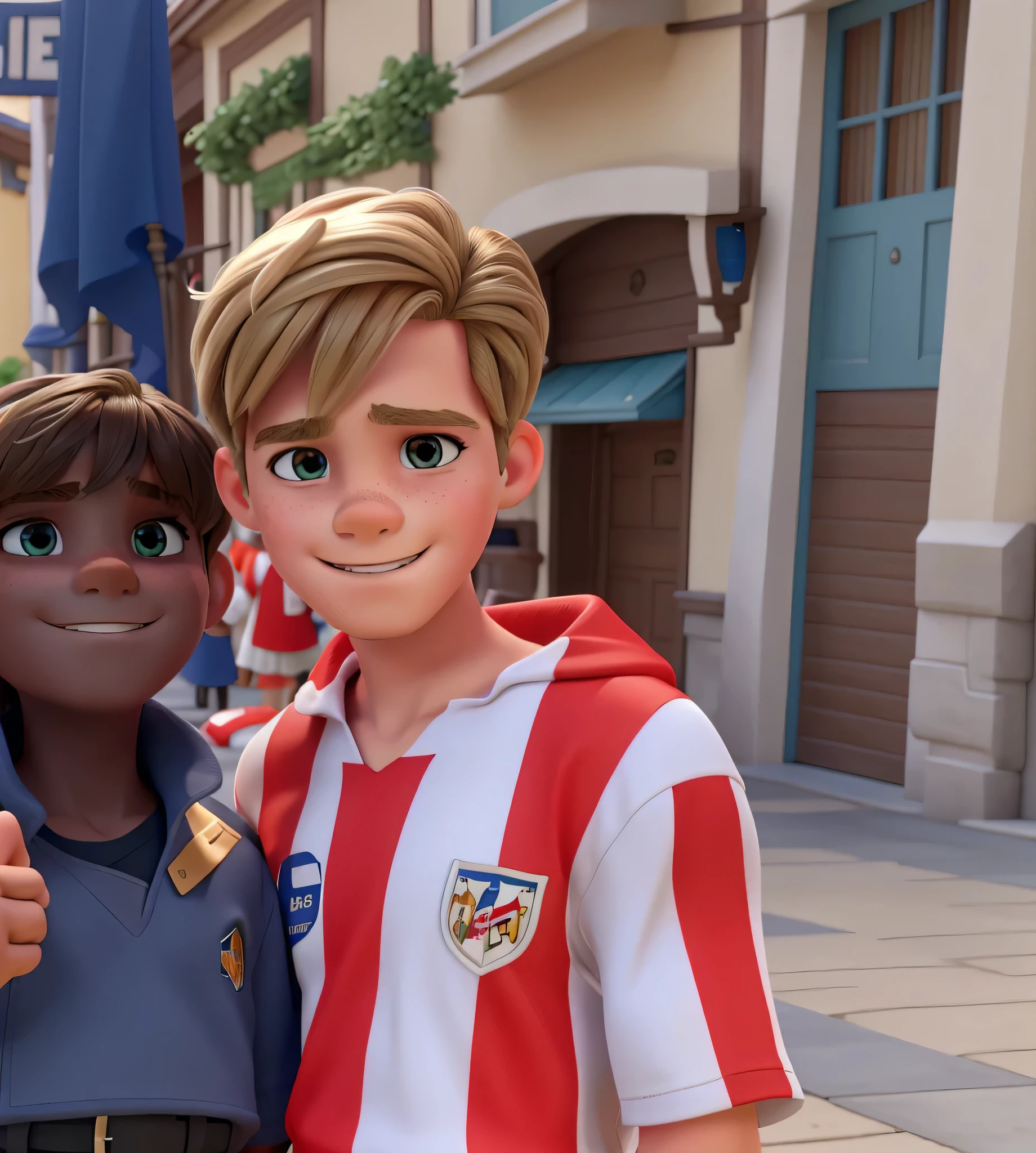 a 6-year-old blonde boy with his bangs up, maximum quality Disney style on the Bilbao soccer field full of red and white flags.