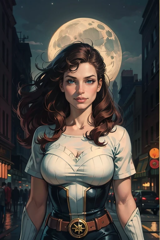 seductive 30 year old woman of batgirl costume with long wavy ginger hair, wearing a batgirl costume, posing standing on an skyscraper touched by the wind, hair wavy by the strong wind, upper body, (background: New York city, night, moon, moonlight, (light fog:1.2), upper-body),in the style of an oil painting, 1600s, exquisite detail, baroque painting, voluminous lighting, painterly brushstrokes, edgar degas, john singer sargent, john william waterhouse, masterpiece