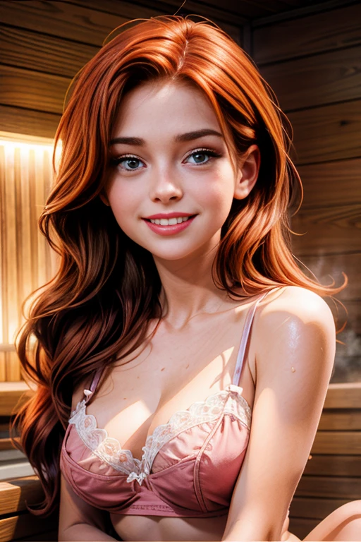 une femme de 25 ans, rousse, sexy, romantic smile, a lot of details, dans un sauna, transpirante, lingerie en coton, bare shoulders