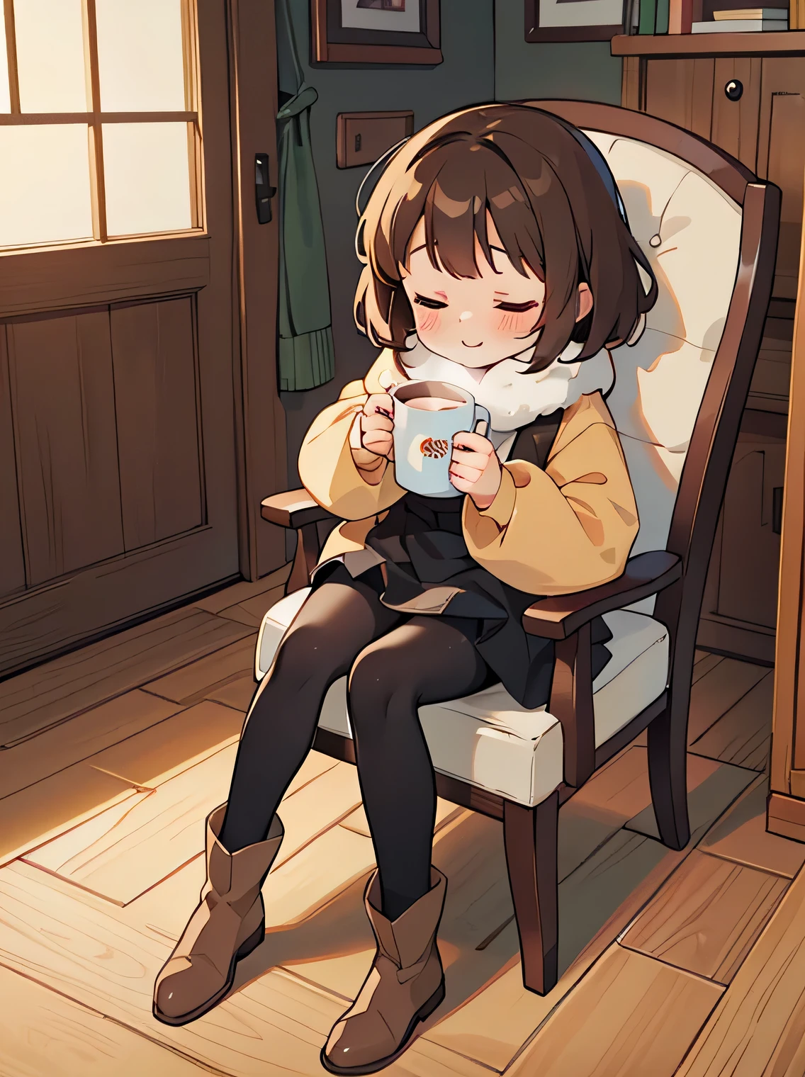 (best quality,4k,8k,highres,masterpiece:1.2), ultra-detailed, (deformed, photorealistic, photo-realistic:1.3), One girl, 12 years old, kawaii, cute, children, small, brown hair with fluffy bob cut, sleeping, eyes closed, happy, sleepy, cold, fluffy white scarf, fluffy brown coat, black skirt, long black tights, fluffy brown boots, sitting on wooden chair, holding mug with both hands, hot drink, inside wooden house, winter.