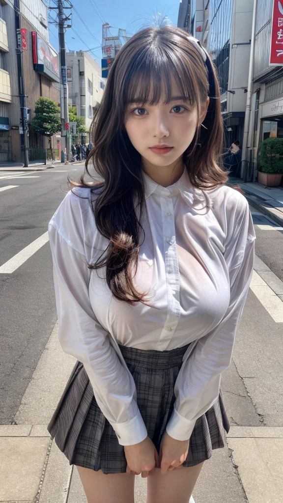 muste piece, best quality, illustration, Super detailed, fine details, High resolution, 8K,wall paper, perfect dynamic composition,(Details High quality, realistic depiction of eyes:1.3), (wavy hair:1.2),  street snap, (Oversized_Shirt:1.2)、Oversized_Shirt, ((facing viewer)), at the street in tokyo, Layered Cut, black hair color, Big Natural Color Lip, sexy pose, crying a little、cold gaze, Harajuku style、20 year old girl、cute type、lolita, hposing Gravure Idol, full body photo, huge breasts