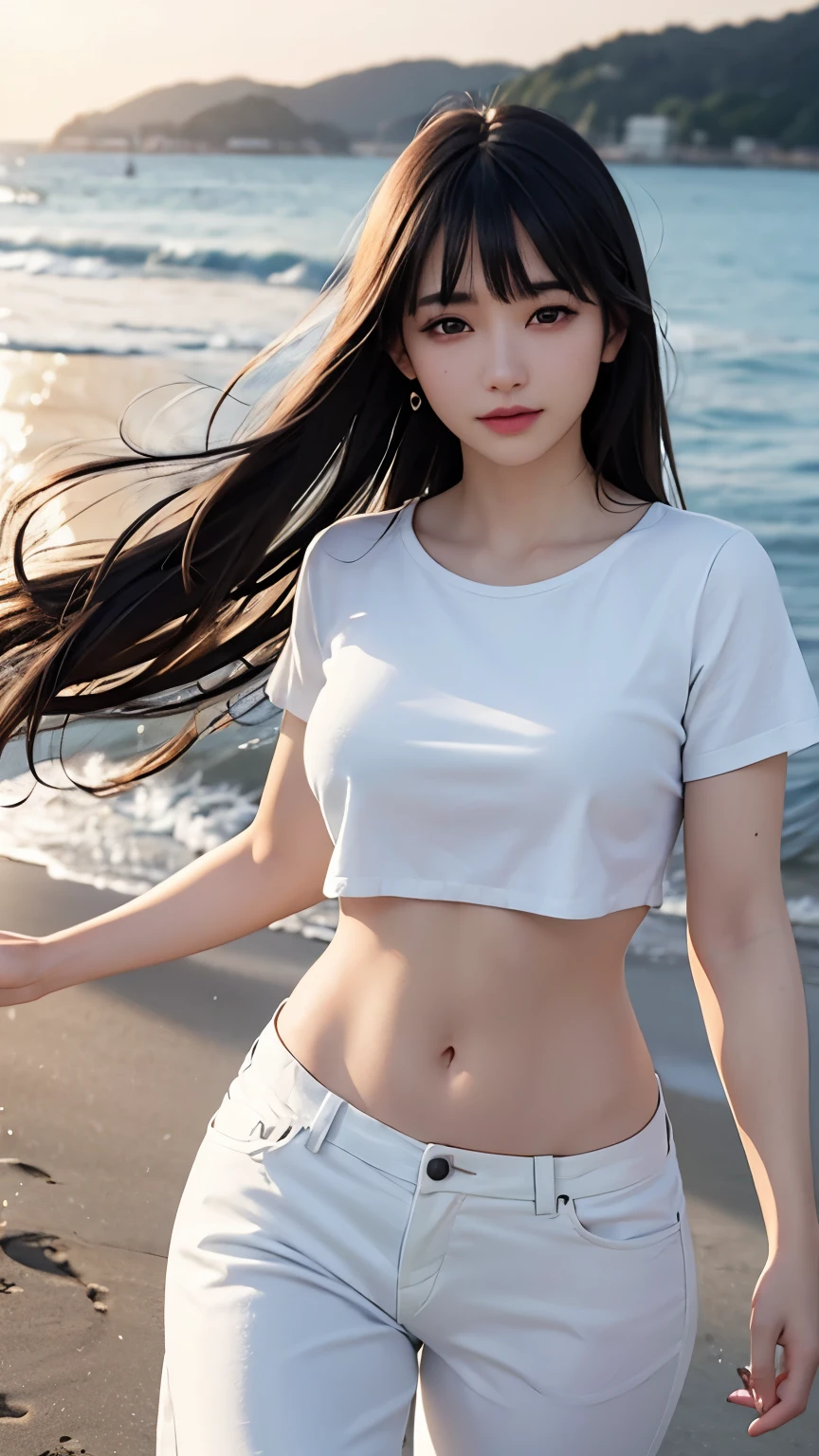(logo、masterpiece、8k、Tabletop、RAW Photos、wonderful、最high quality、Photorealistic and Very detailed CG integrated 8k wallpaper、high quality、Very detailed、narrative poem、Particle Effects、Dynamic Effects、Depth of written boundary、Cinematic Light、Lens flare、Ray Tracing)、Fantasy、 (One beautiful woman、White Pants、White T-shirt、White tube top、White crop top、Black-haired、Beautiful Face、True Face、Beautiful details、eye、Beautiful Skin、Ultimate Body、glamorous)、私の髪はWindに舞う、Hair flutters in Wind、Hair bounces、Seaside、wonderful景色、coastal、sunrise、Sun in the background、Wind、Beach