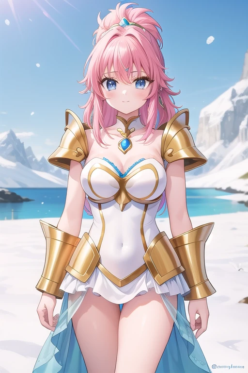 Une femme, 25 ans, manches, cheveux longs, cheveux multicolores, romantic smole, details, Saint Seiya, armure mythique, Saint Seiya Cosplay, Armure de chevalier, Scandinavie, hiver, Glacier, neige