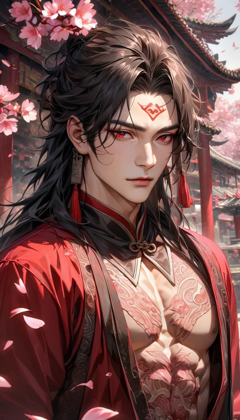 absurdres, highres, ultra detailed, HDR, master piece, best quality, perfect face, beautiful eyes, realistic face, Luo Binghe, black long hair, without bangs, expressive red eyes, Scumbag System, solo, sexy man, handsome, red mark on the forehead, black and red robes, patterns, accessories, toned chest, cherry blossoms, pink petals, pink flowers, pink butterflies, Chinese ambiance