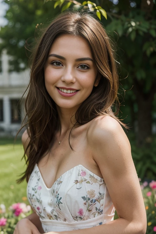 a woman, 25ear old, long brunette hairs, , textured skin, romantic smile, a lot of details, dans un champ de fleurs, Summer dress, bare shoulders