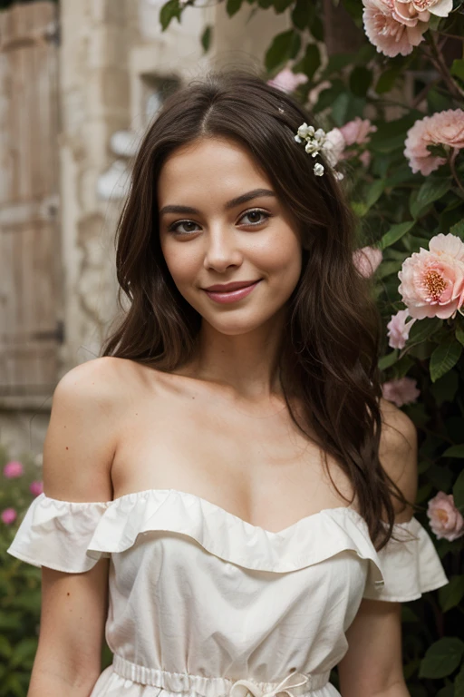 a woman, 25ear old, long brunette hairs, , textured skin, romantic smile, a lot of details, dans un champ de fleurs, Summer dress, bare shoulders