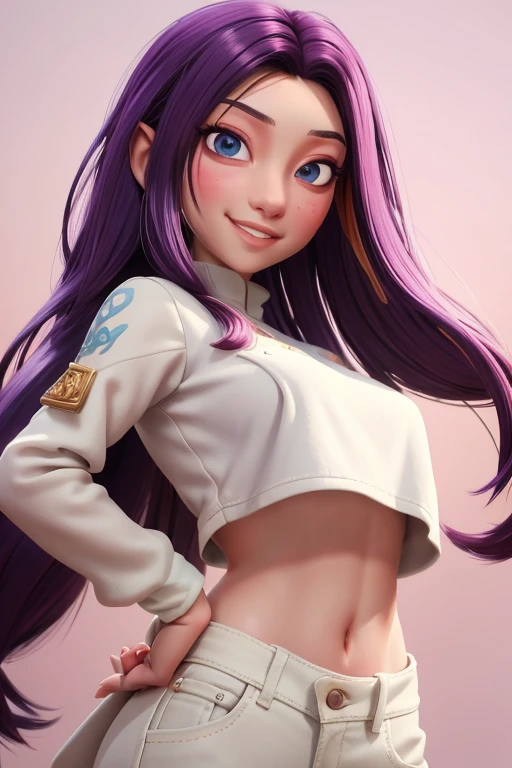 Avatar , toneladas de pastel, sonrisa dulce y delicada, Ropa y complementos modernos., cuerpo entero,piel clara y ojos delicados y cabello multicolor, fondo blanco sencillo