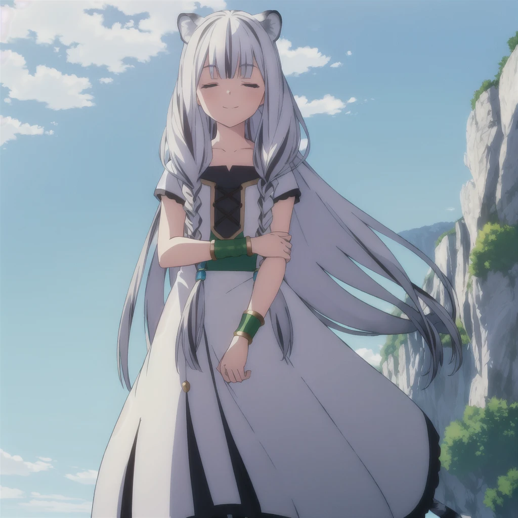 ((masterpiece)), (best quality), (ultra-detailed), photorealistic, (best illustration), ((an extremely delicate and beautiful)), 1girl, solo, long hair, tiger ears, [:tiger tail under:0.2], white hair, two-tone hair, feet out of frame, white dress, (green dress:1), multicolored dress, cross-laced, standing, half-closed eyes, smile, black skirt, short sleeves, detailed scenery, blue sky, horizon, low twin braids, twin braids, hair ornament, bracelet, (hands on own hips:0.9), blush, proud look, sadistic smile, purple eyes. 