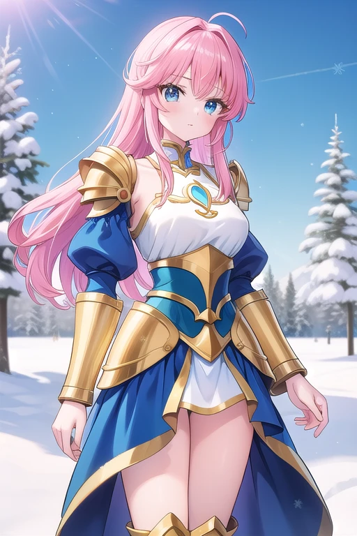 Une femme, 25 ans, manches, cheveux longs, cheveux multicolores, romantic smole, details, Saint Seiya, armure mythique, Saint Seiya Cosplay, Armure de chevalier, Scandinavie, hiver, Glacier, neige