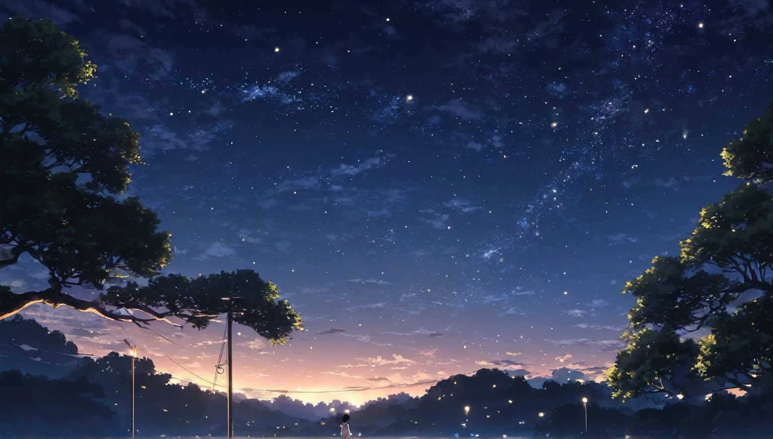 summer night,dark light,starry sky,dark light,nobody,anime style,high quality
