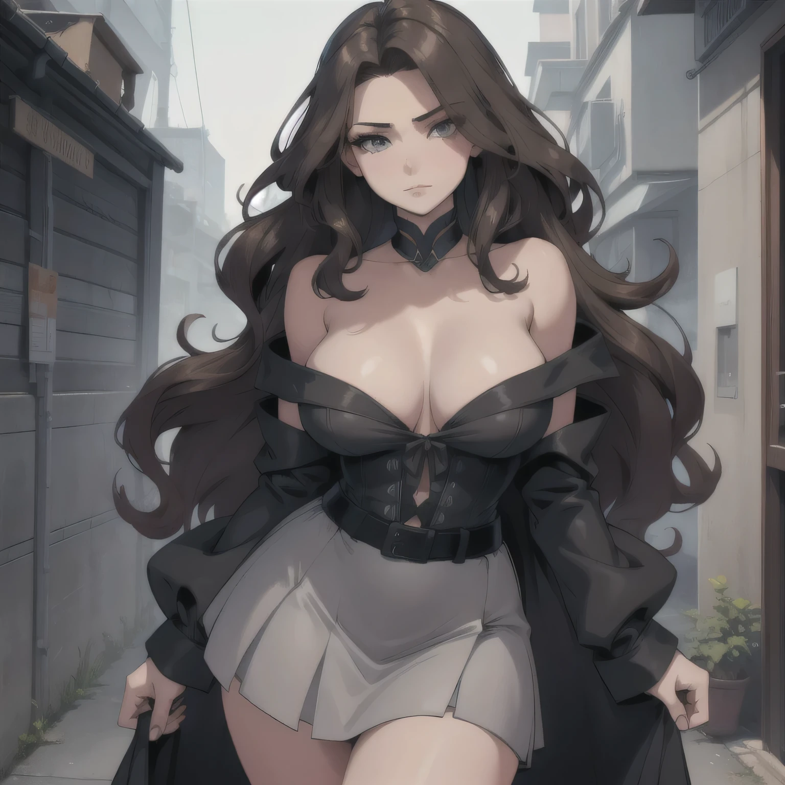 Amazing portrait of a sexy woman with a beautiful face and long wavy mahogany hair wearing a grey strapless top and miniskirt layered with a black coat that is hanging off her shoulders showcasing her shoulders and her amazing body while posing intimately