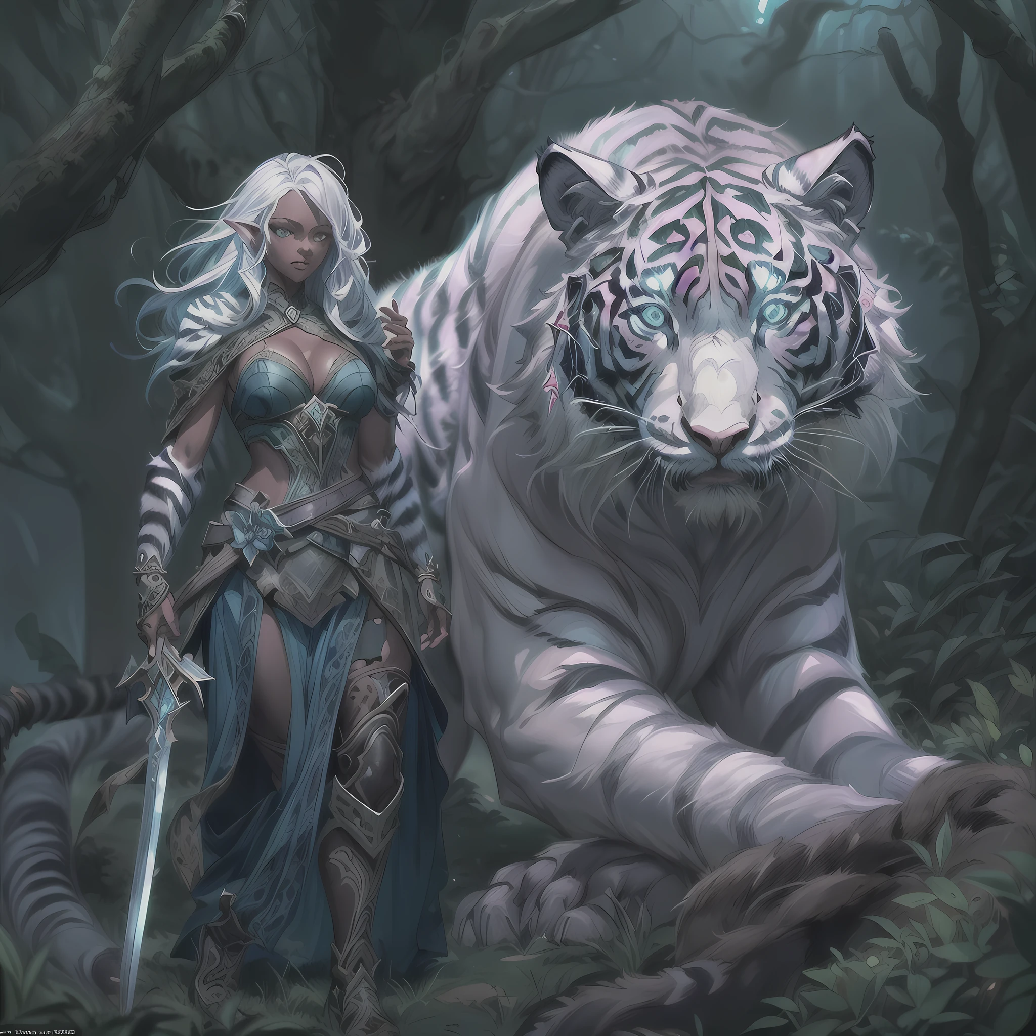 high details, best quality, 16k, [Ultra detailed], masterpiece, best quality, (extremely detailed), dynamic angle, ultra wide shot, RAW, photorealistic, fantasy art, RPG art, realistic art, a wide angle picture of an epic female drow elf ranger and her pet (white tiger: 1.3),  warrior of nature, fighter of nature, full body, [[anatomically correct]] full body (intricate details, Masterpiece, best quality: 1.5) talking to am epic (white tiger: 1.3) (intricate details, Masterpiece, best quality: 1.6) armed with an epic magical sword  (intricate details, Masterpiece, best quality: 1.5) epic magical sword fantasysword sword, glowing in blue light , in dark forest ( intricate details, Masterpiece, best quality: 1.4), a female beautiful epic drow wearing leather armor (intricate details, Masterpiece, best quality: 1.5), leather boots, thick hair, long hair, white hair, black skin intense eyes, forest  background (intense details), moon light, stars light, clouds (intricate details, Masterpiece, best quality: 1.5), dynamic angle, (intricate details, Masterpiece, best quality: 1.3), high details, best quality, highres, ultra wide angle