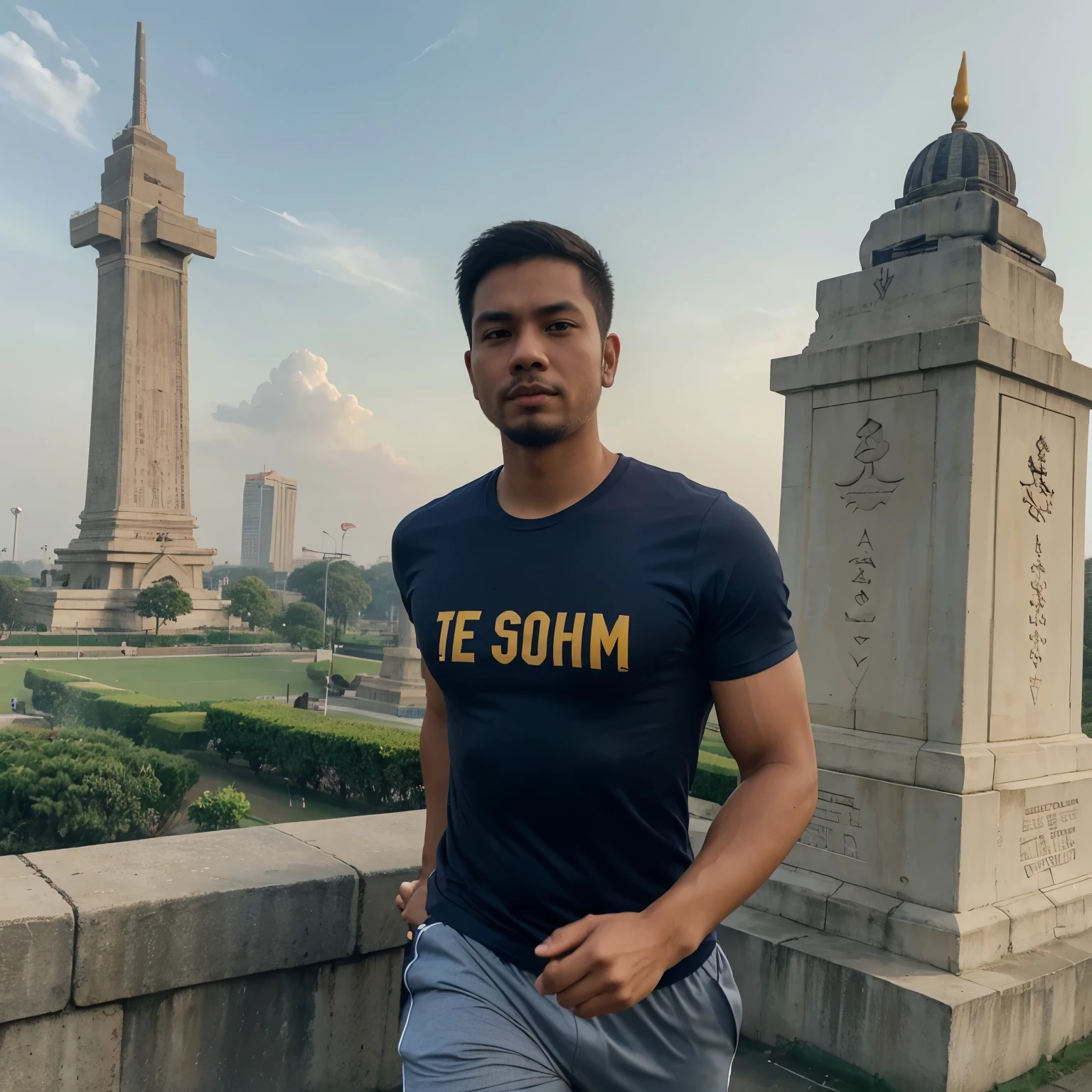 Realistic photo with excellent detail of a pot-bellied young man
from Indonesia with a slight beard, jogging around the Monas monument, wearing a dark blue t-shirt with the words "Team Garry" written in yellow on the chest, wearing sports shoes, Monas monument in the background