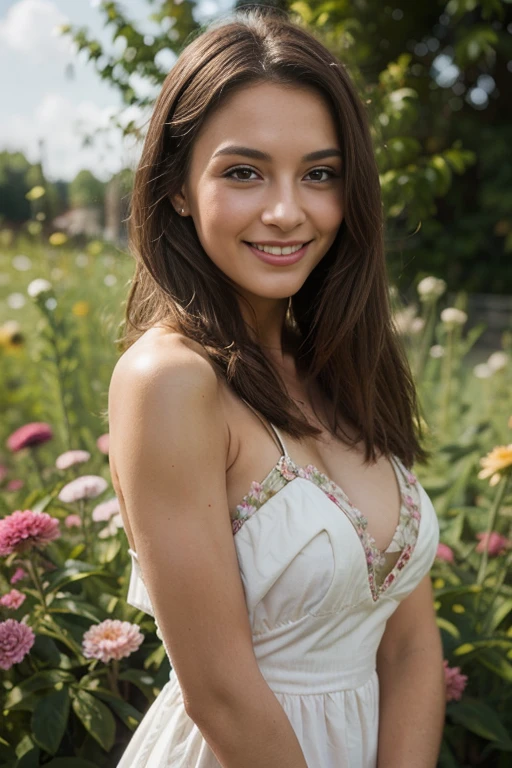 a woman, 25ear old, long brunette hairs,  , textured skin, romantic smile, a lot of details, dans un champ de fleurs, Summer dress, bare shoulders