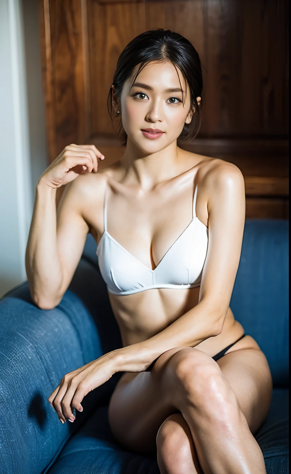 ((highest quality、8k、masterpiece:1.3))、Beautiful woman with short hair、1 female、Big Tits:1.3、(Toned Abs、Slim figure:1.1)、Amorous、Dark brown hair、(Sitting on the couch、Crossing your legs、Full nude body shot )、Ultra detailed face、Detailed lips、Detailed eyes、double eyelid