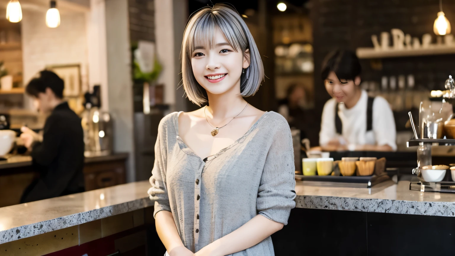 super high quality, Short Hair, Slender, Gravure photoshoot, The staff is working at the counter in the back., (8k、RAW Photos、highest quality、masterpiece:1.2), Japanese Idol, Shaggy, necklace, Stylish café, The cafe is crowded with people enjoying themselves., (Realistic、Photorealistic:1.37), Mesh Hair, Golden Ratio, Raw photo, Cute face , Earrings, Small breasts, Blurred Background, Silver Hair, Spring Clothes, Well-designed furniture, Beautiful hairstyle, Spoiled, Short Bob Hair, Open Cafe, Smile, Hair blowing in the wind, Neat clothes, 18-year-old,