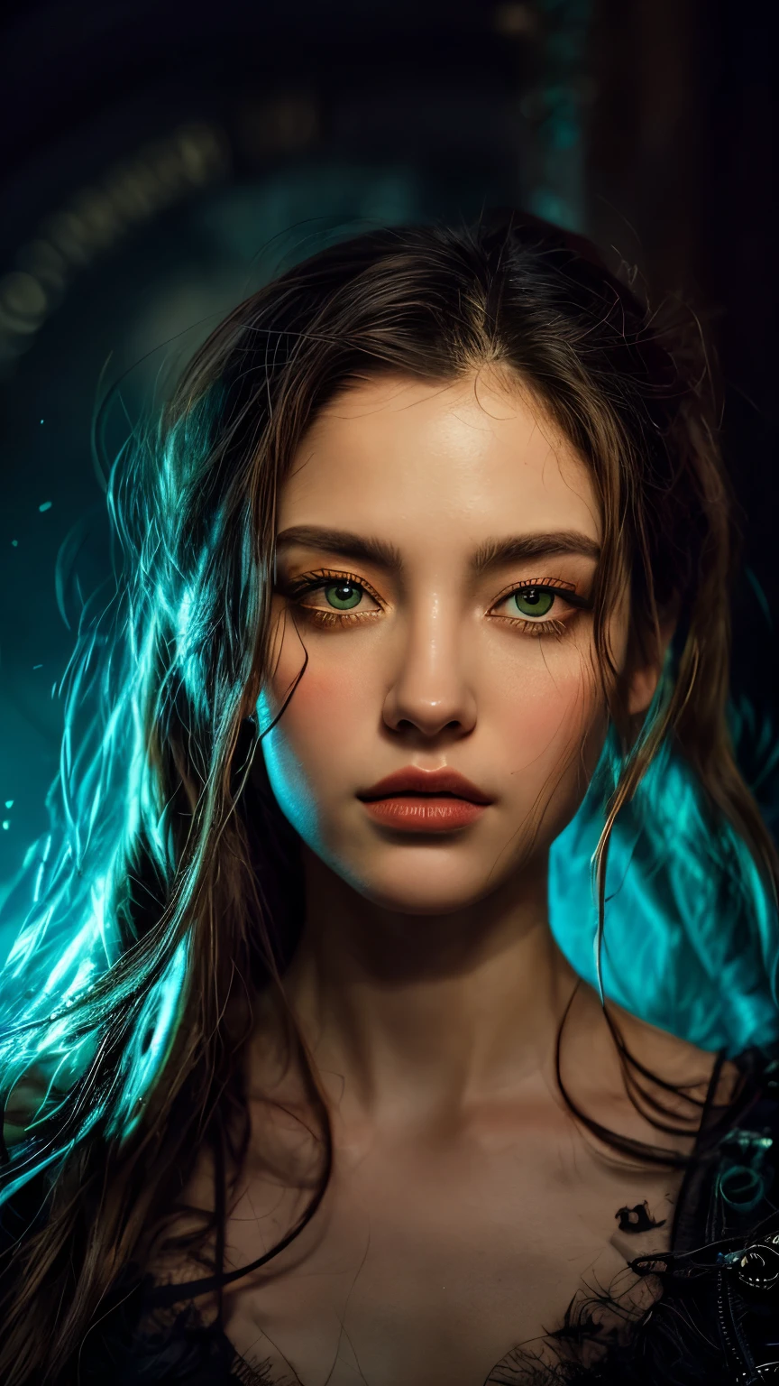 (highres,masterpiece:1.2),(realistic:1.37),(best quality, highres, ultra-detailed, realistic), mesmerizing cyberpunk dark fantasy, Medusa in all her sinister beauty, with six serpent arms gracefully intertwined. (Her radiant eyes:1.6), hypnotic and piercing, capture the essence of a demonic queen. The details of her face, meticulously crafted, reveal every delicate scale and unique pattern. The atmosphere surrounding her is filled with an otherworldly aura, bathed in a mix of neon lights and shadows. The backdrop resembles a movie scene, with hints of an ominous underworld. This portrait presents a close-up shot, focusing on the captivating visage of the goddess, portraying her as a captivating and formidable presence in the realms of darkness, the most beautiful face in the universe, erotic face, sensual face,(NSFW:1.3)high nose, dreamy blue eyes,