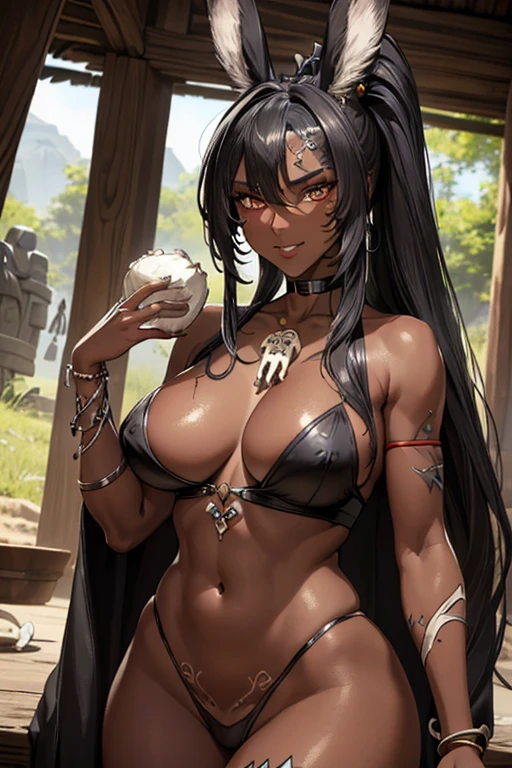 (masterpiece), best quality, highly detailed faces, (SHARP details), 4k, highly detailed, expressive eyes, SHARP detail expressive eyes, (SHARP detail perfect face), ((dark skin)), (bunny ears), (viera), ((black hair)), (choker) amber eyes, ponytail, wild tomboy hair, smiling, (wearing witch doctor outfit), 20 years old, cleavage, ((solo)), nice hips, curvy, tall woman, ((bone accessories)), witch doctor hut, cauldron, (wearing witch doctor clothes), ((white tribal marks on body)), bone accessory, loincloth, piercings, (white marks on skin), (tribal marks), earrings on bunny ears, witch doctor, fur clothes,