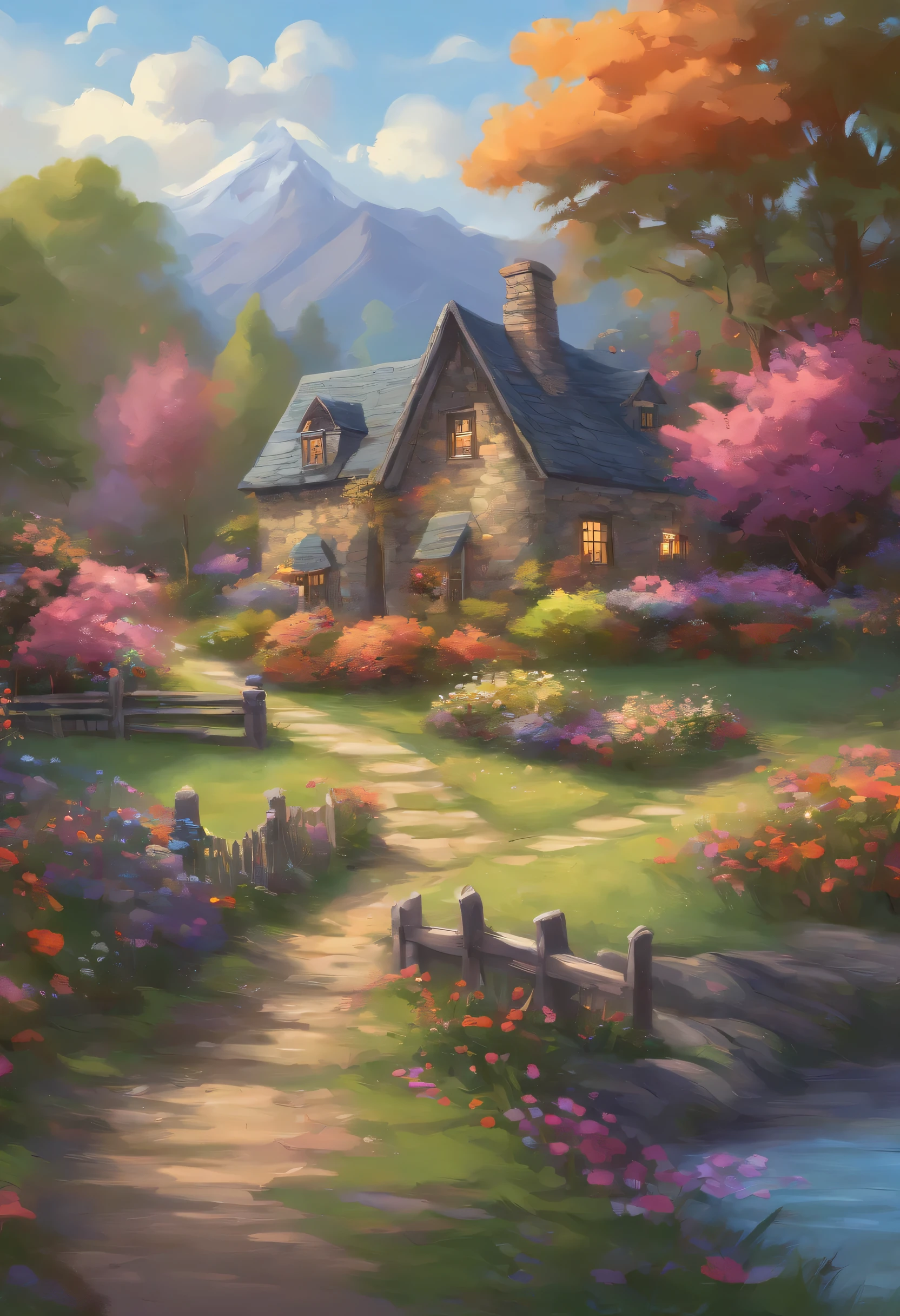 Painting of the cottage, Flowers by the fence, Fences along the road, Mountainous landscape with lake and boats, Plein air painting,Air painting,Impresionismo, inspired by Thomas Kinkade , detailed scenic view , style raw, 8 K ultra-detailed
