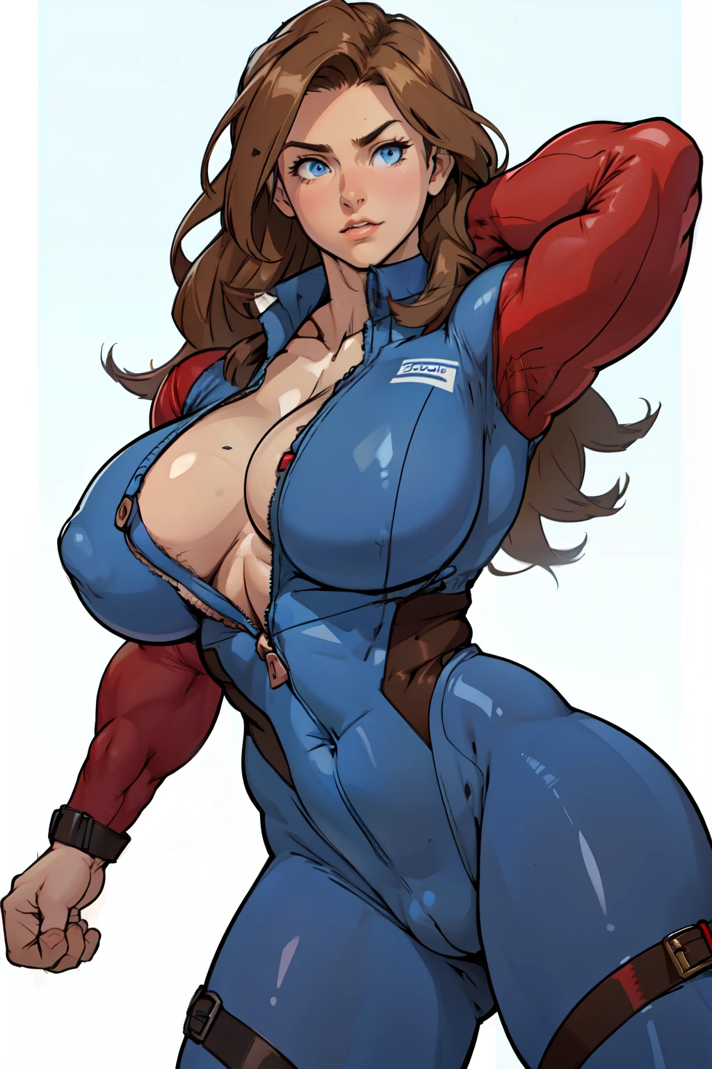 1 girl (huge muscles, , huge thighs) Brown hair, blue eyes pale skin muscular thick thick thick very long hair thick thick ((((unbuttoned )))) ((((red ))))