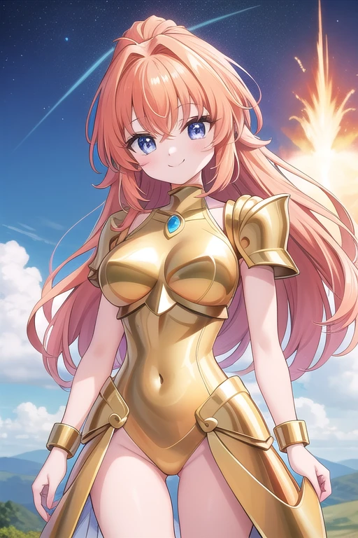 Une femme, 25 ans, manches, cheveux longs, cheveux multicolores, romantic smile, details, Saint Seiya, armure mythique, Saint Seiya Cosplay, Armure de chevalier, sur un volcan, volcanic eruption, flamme, lave