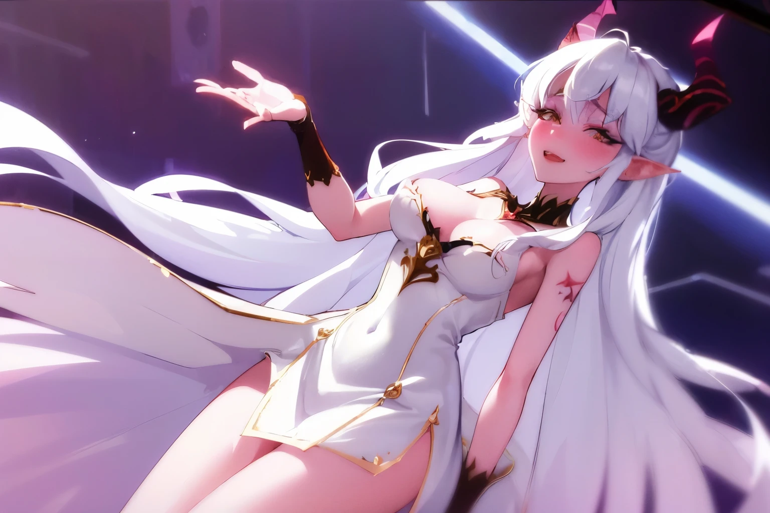 ((masterpiece,best quality)), Lucilla_AFK, demon horns, solo, Star Dress, ((a transparent dress)), ((lies on the clouds)), (Large shapes, big breasts)), many stars, Night light, Sexy, excited, Hentai art , attractive pose, big breasts, dynamic pose, epic art, fantasy, 8k, hd wallpaper, high quality, intricate, elegant, highly detailed, digital painting, artstation, clear focus, illustration, poster, postcard, hentai magazine cower style, ((right anatomy))