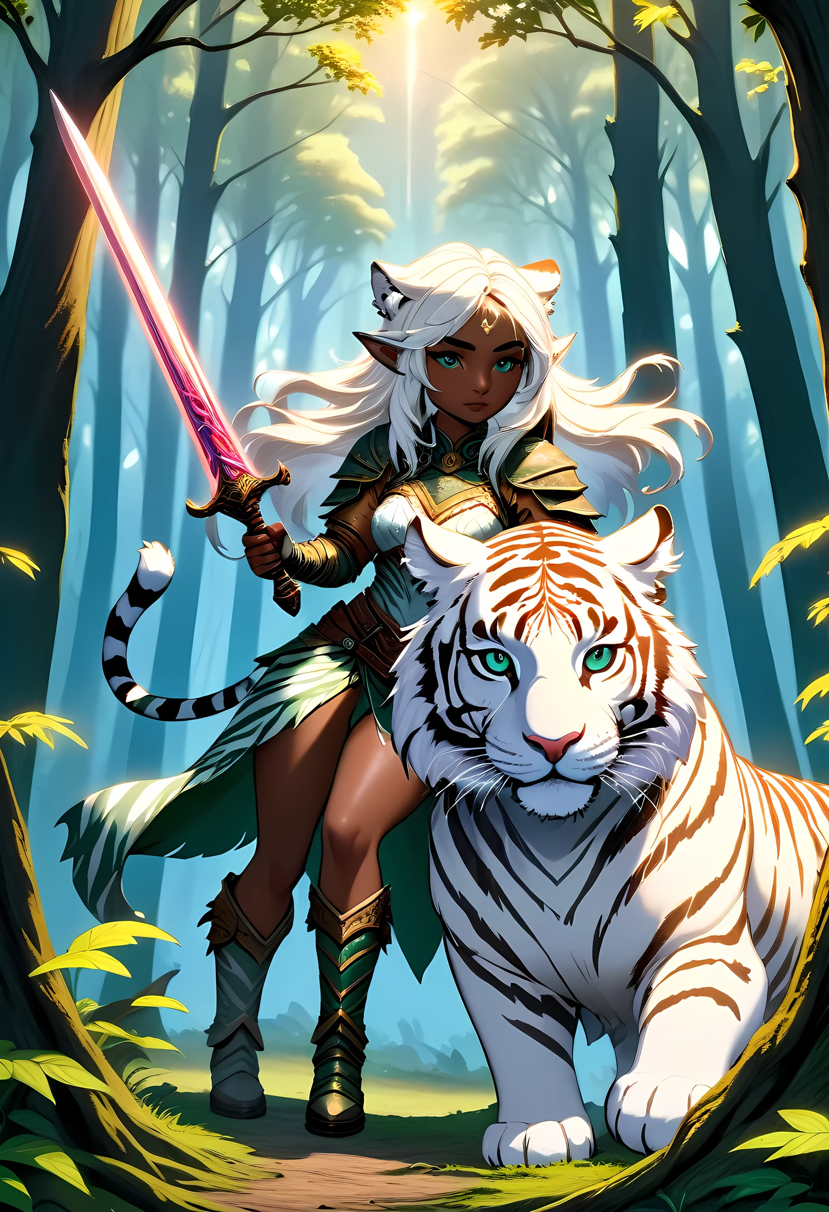 high details, best quality, 16k, [Ultra detailed], masterpiece, best quality, (extremely detailed), dynamic angle, ultra wide shot, RAW, photorealistic, fantasy art, RPG art, realistic art, a wide angle picture of an epic female drow elf ranger and her pet (white tiger: 1.3),  warrior of nature, fighter of nature, full body, [[anatomically correct]] full body (intricate details, Masterpiece, best quality: 1.5) talking to am epic (white tiger: 1.3) (intricate details, Masterpiece, best quality: 1.6) armed with an epic magical sword  (intricate details, Masterpiece, best quality: 1.5) epic magical sword fantasysword sword, glowing in blue light , in dark forest ( intricate details, Masterpiece, best quality: 1.4), a female beautiful epic drow wearing leather armor (intricate details, Masterpiece, best quality: 1.5), leather boots, thick hair, long hair, white hair, black skin intense eyes, forest  background (intense details), moon light, stars light, clouds (intricate details, Masterpiece, best quality: 1.5), dynamic angle, (intricate details, Masterpiece, best quality: 1.3), high details, best quality, highres, ultra wide angle, dungeons and dragons