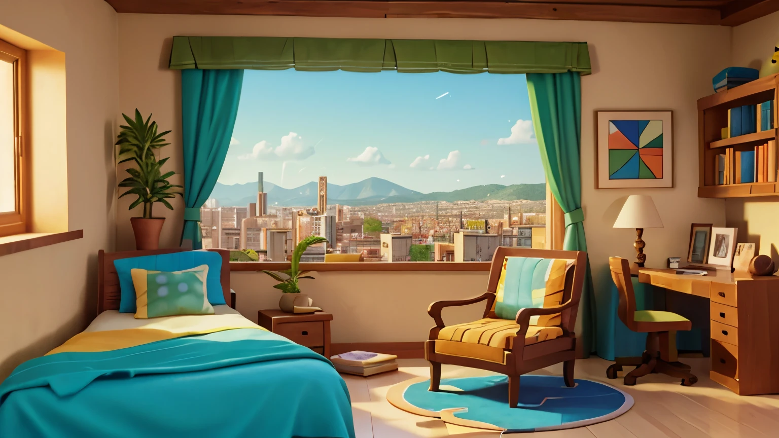 Bohemian style, matisse, abstract design, blocks of colors, brown, tan, green, blue, beige, earthy and peaceful, view outside of a big window city below, with stars in the sky above