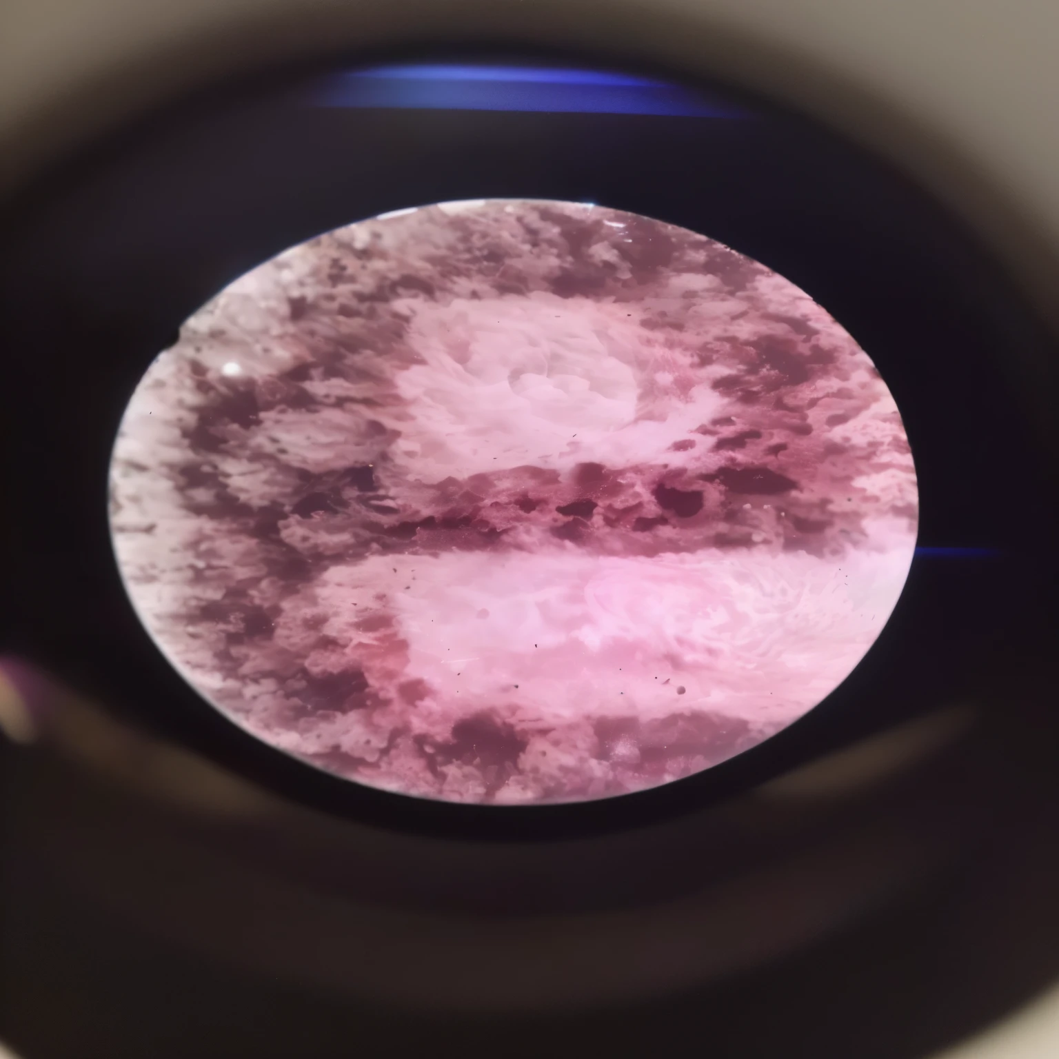 un primer plano de un objeto circular con un fondo rosa, seen through a microscope, microscopic photo, backlight diffraction, microscopic view, a microscopic photo, bajo un microscopio, lente sucia, microscopic picture, microscopic detail, prueba de rorschach, lente gelios de grano, bright microscopic view realism, microscopic
