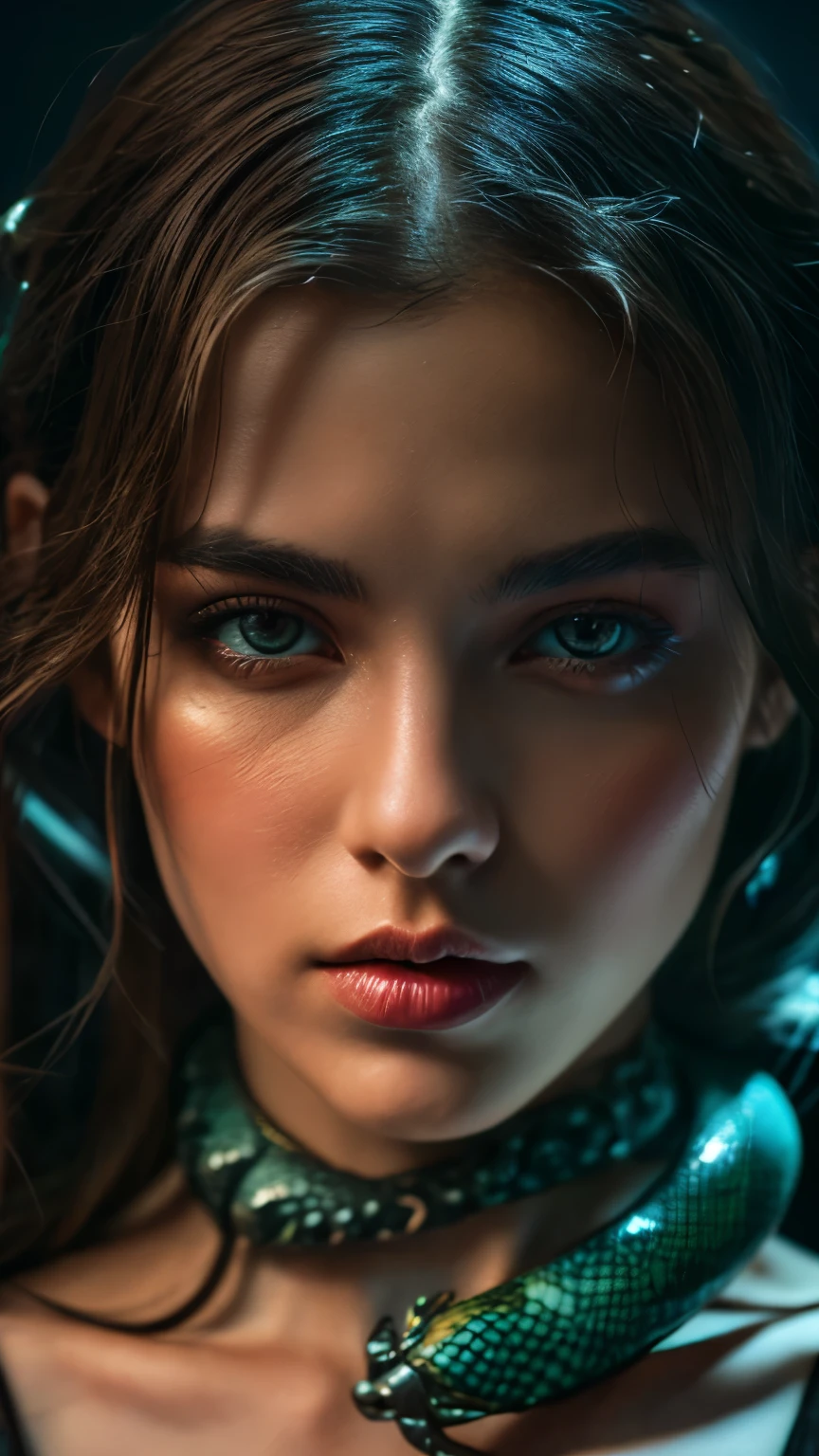 (highres,masterpiece:1.2),(realistic:1.37),(best quality, highres, ultra-detailed, realistic), mesmerizing cyberpunk dark fantasy, Medusa in all her sinister beauty, with six serpent arms gracefully intertwined. (Her radiant eyes:1.6), hypnotic and piercing, capture the essence of a demonic queen. The details of her face, meticulously crafted, reveal every delicate scale and unique pattern. The atmosphere surrounding her is filled with an otherworldly aura, bathed in a mix of neon lights and shadows. The backdrop resembles a movie scene, with hints of an ominous underworld. This portrait presents a close-up shot, focusing on the captivating visage of the goddess, portraying her as a captivating and formidable presence in the realms of darkness, the most beautiful face in the universe, erotic face, sensual face,(NSFW:1.3)high nose, dreamy blue eyes,