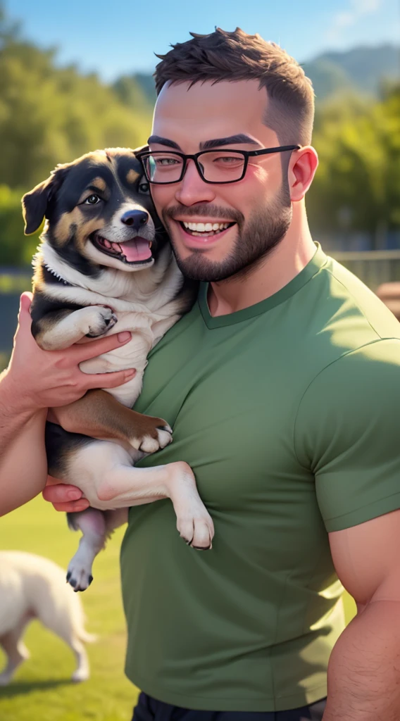 a man with a beard and a German Sheppard dog, the man wearing glasses, green shirt, in a dog's park, the man carrying and hugging the dog, the high well detailed, face focus, happy smile, happy dog, heart-warming, seen from the side
