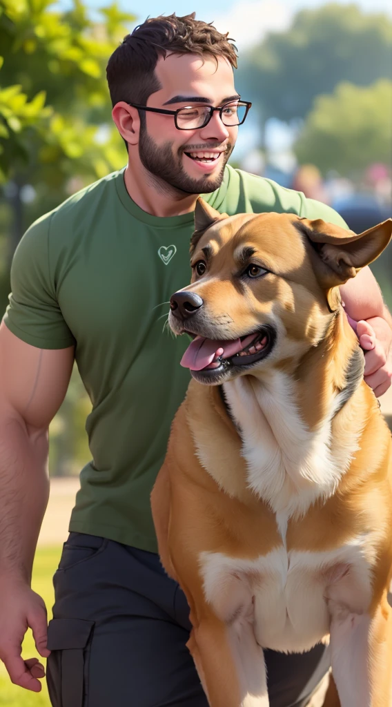 a man with a beard and a German Sheppard dog, the man wearing glasses, green shirt, in a dog's park, the man carrying and hugging the dog, the high well detailed, face focus, happy smile, happy dog, heart-warming, seen from the side