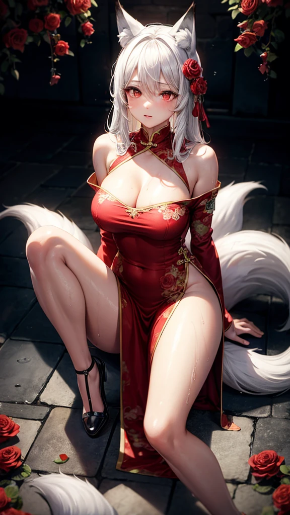White hair、red eyes、Beautiful girl alone、Fluffy dresses、off shoulders、Western-style castle、Bright red roses、((fox ears)),steam,wet clothes ,china dress,(masterpiece), best quality, expressive eyes, perfect face,w sitting, w sitting on ground, arm between legs, both arm between legs,big breast, good breast