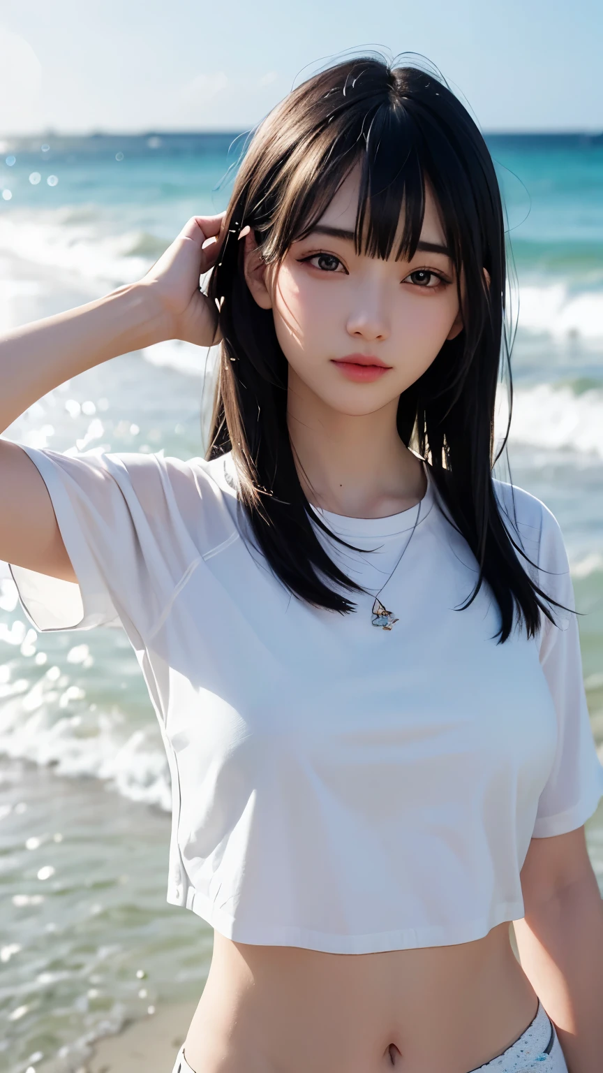 (logo、masterpiece、8k、Tabletop、RAW Photos、wonderful、最high quality、Photorealistic and Very detailed CG integrated 8k wallpaper、high quality、Very detailed、Narrative poem、Particle Effects、Dynamic Effects、Written boundary depth、Cinematic Light、Lens flare、Ray Tracing)、Fantasy、 (One beautiful woman、White pants、White T-shirt、White tube top、White crop top、Black-haired、Beautiful Face、True Face、Beautiful details、eye、Beautiful Skin、Ultimate Body、glamorous)、私の髪はWindに舞う、Hair flutters in Wind、Hair bounces、Seaside、wonderful景色、Coastal、sunrise、Sun in the background、Wind、Beach