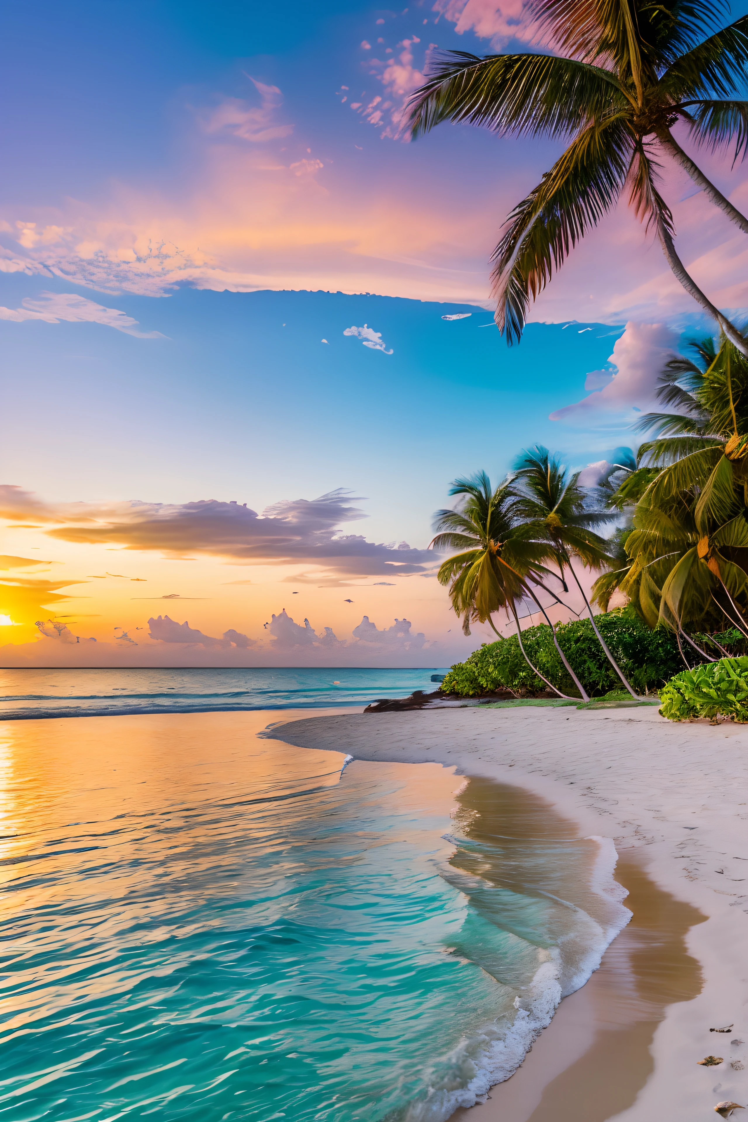 sunset at the beach,crystal clear water,costas arenosas,Palm trees swaying in the gentle breeze,Tropical paradise,cores vibrantes,atmosfera serena,Seagulls flying in the sky,respingos de ondas batendo contra as rochas,bright orange and pink tones reflecting in the water,exotic fruits and flowers,Coqueiros proporcionando sombra,paradisiacal scenery,warm and inviting vibes,paisagem verdejante,Horizonte sem fim,peaceful oasis,ambiente tranquilo,Exotic birds chirping,Swim in the clear blue waters,white sand between the toes,pele beijada pelo sol,e uma brisa refrescante do oceano.
