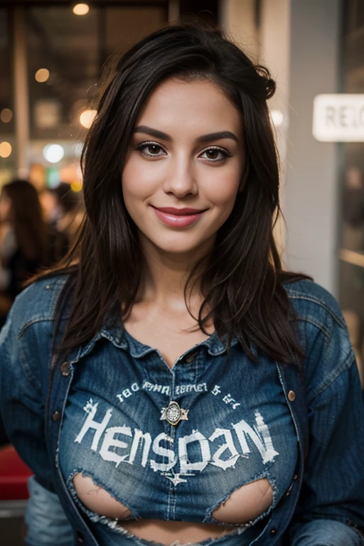 a woman, 25ear old, long brunette hairs,  , textured skin, romantic smile, a lot of details, tenue de hardrock, metal rock, ripped tshirt, ripped jeans