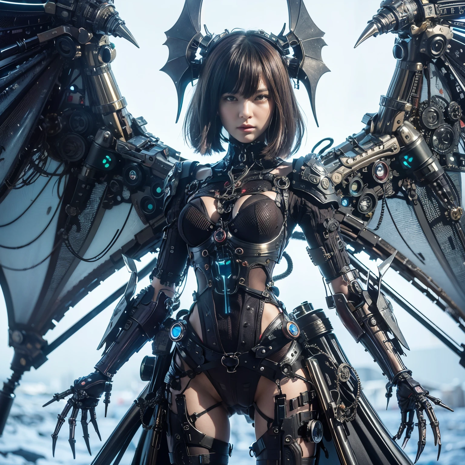 (top-quality:1.2, masterpiece)、ultra high resolution、extremely ultra surrealism, (Photorealsitic:1.4)、Raw photo、(Steampunk Battle Cyborg fallen angel)、large wings made of metal、black porcelain body、red  hair、glowy skin、1 Cyborg girl、(mechanical frame:1.3)japanese, extremely cute face,  ((super realistic details))、portrait、globalillumination、Shadow、octan render、8K、ultrasharp、character edge light、Details of complex ornaments、Acrylic Clear Cover、Sumerian details、Hydraulic cylinder、Small LED lamp、highly intricate detail、Realistic light、a purple eye、radiant eyes、Facing the camera、neon details、cowboy  shot、Futuristic headgear、About Cyberpunk