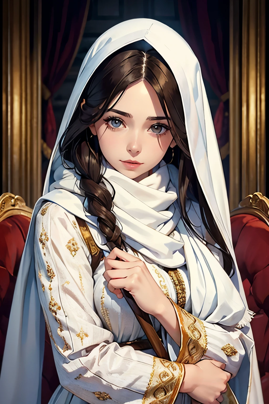 a woman with her eyes covered by a white scarf, big brown hair, medieval clothes, is holding a fan, perfect face, perfect quality, best quality, ultra-detailed, realistic, long eyelashes, detailed lips, extremely detailed eyes and face, intricate clothing, flowing gown, royal attire, fine embroidery, historical setting, delicate fan, elegant posture, soft lighting, vivid colors, portrait, period drama, romantic atmosphere