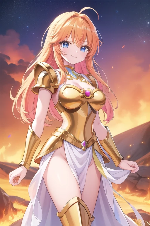 Une femme, 25 ans, manches, cheveux longs, cheveux multicolores, romantic smile, details, Saint Seiya, armure mythique, Saint Seiya Cosplay, Armure de chevalier, sur un volcan, volcanic eruption, surrounded by flames, lave