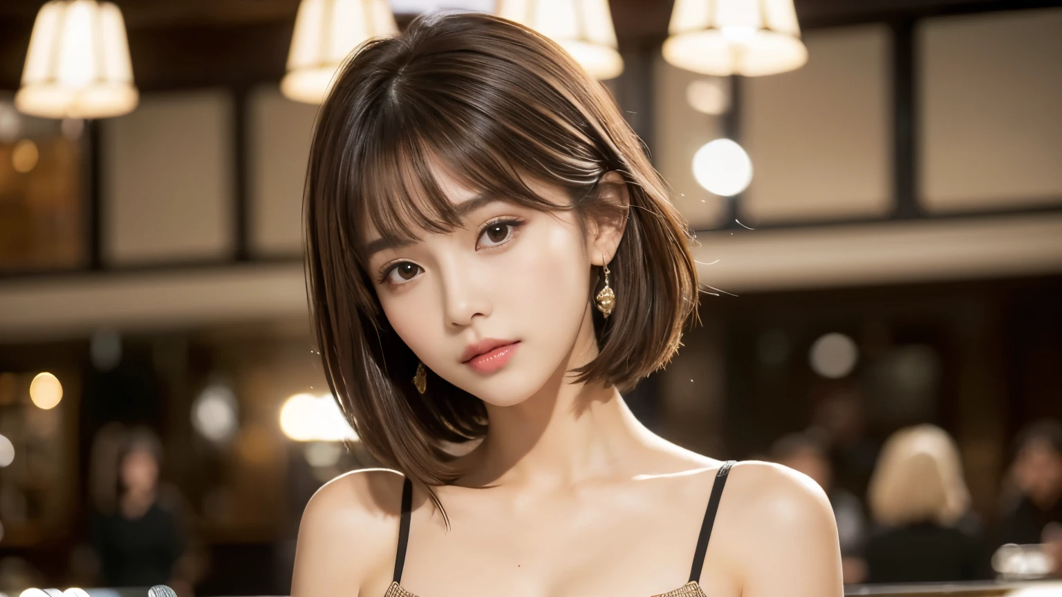(masterpiece, Very detailed, Very detailed, Exquisite, 16k, Confused), woman, 19 years old, glamorous, (Suppin breeze:1.4), Looking at the audience, short hair, Messy Hair, Diagonal bangs, Brown Hair, Brown eyes, Upper Body, Cinema Lighting, Blurry background in focus, inside a stylish cafe, Urban Cafe